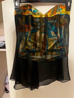 Sheer Black Crop Top with Multicolor Abstract Waist